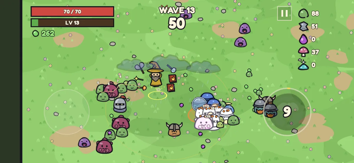 A wizard in a pointed hat on a green meadow, surrounded by slimes, with weapons floating beside him. The screen shows wave 13.