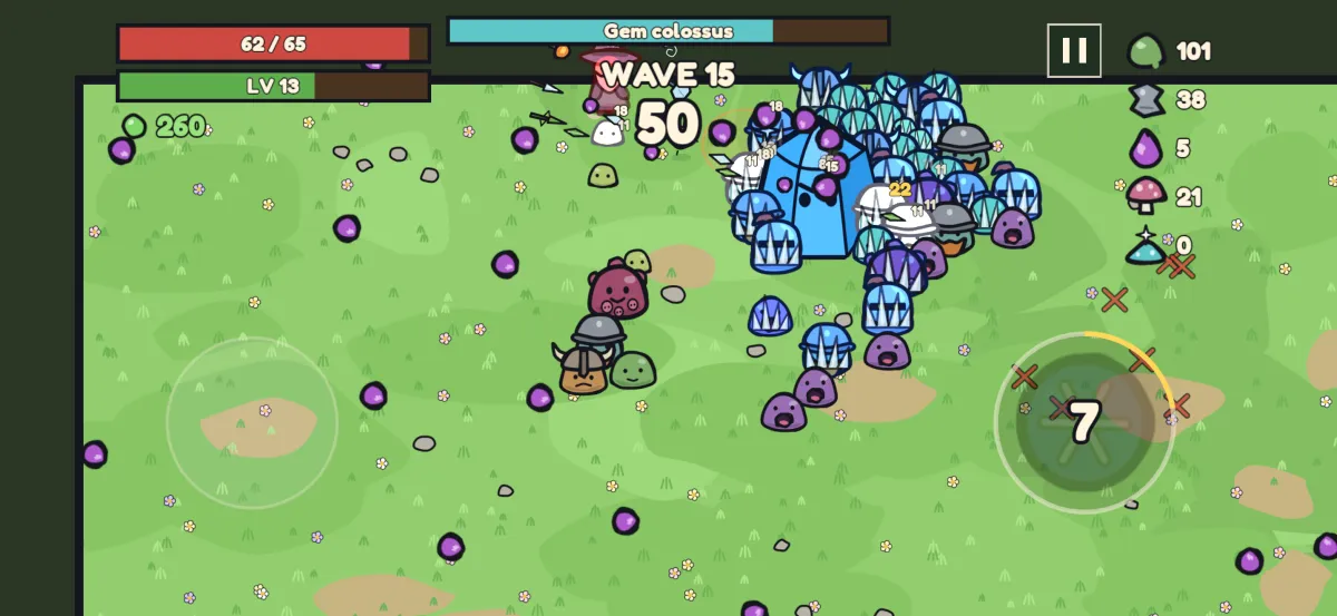A boss fight on wave 15: a large blue Gem colossus in a crowd of crystal slimes.