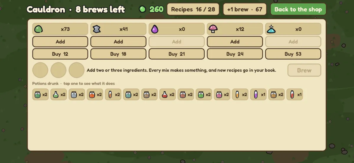 The cauldron screen: five ingredients to add or buy, three empty slots to mix them in, and a row of potions already drunk.