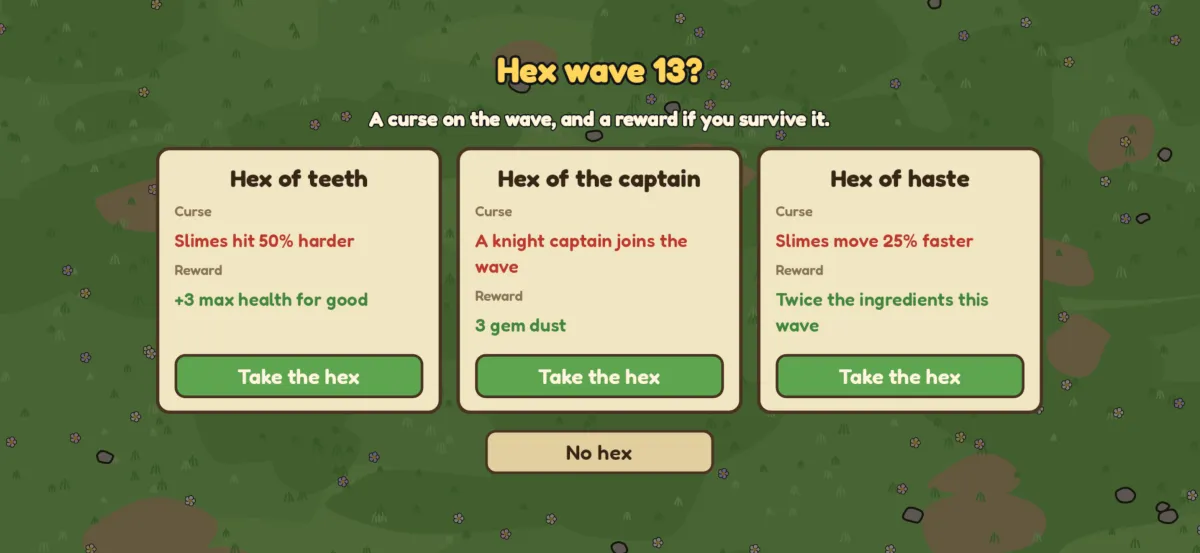 A choice of three hexes for wave 13, each a parchment card with a curse and a reward, and a button to take no hex.