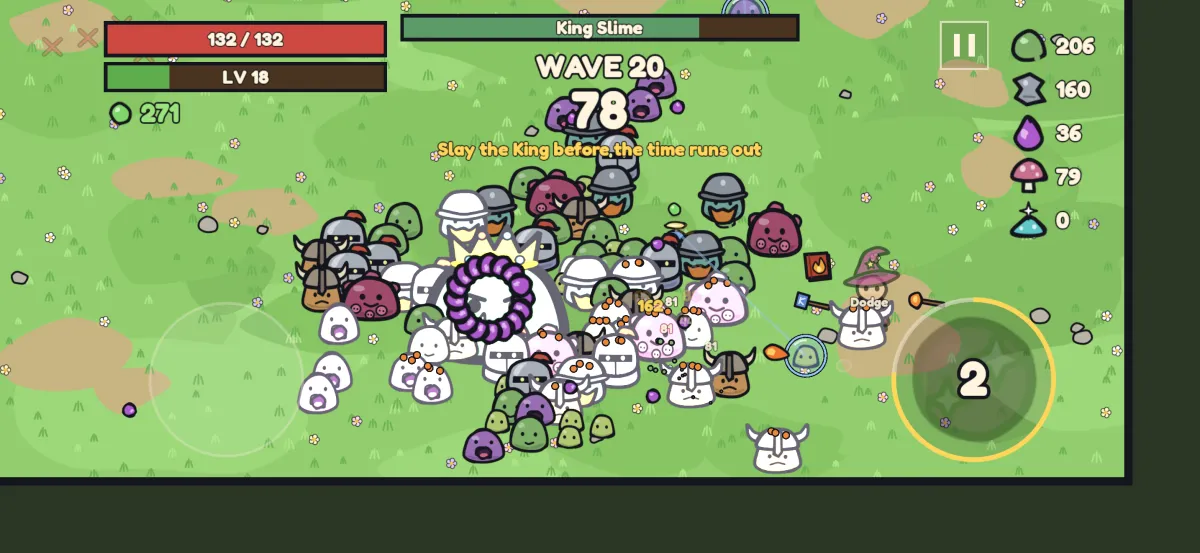 Wave 20: the King Slime in the middle of a packed crowd of slimes, with the message &lsquo;Slay the King before the time runs out&rsquo;.