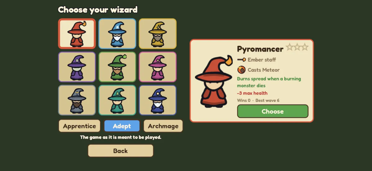 The wizard selection screen: a grid of nine wizards with the Pyromancer chosen, who casts Meteor.